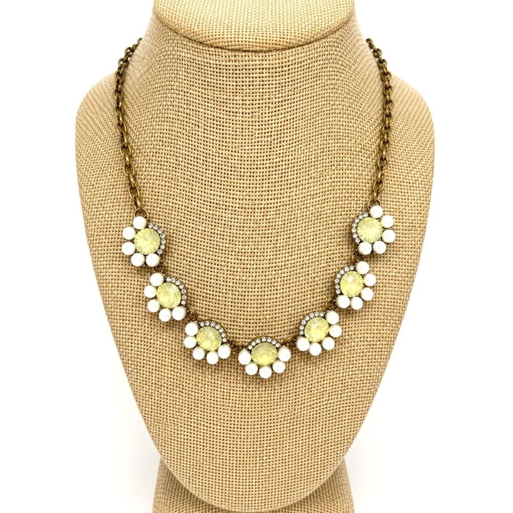 Flower Rhinestone Necklace Butter Yellow Faux Pearl Gold Tone Floral